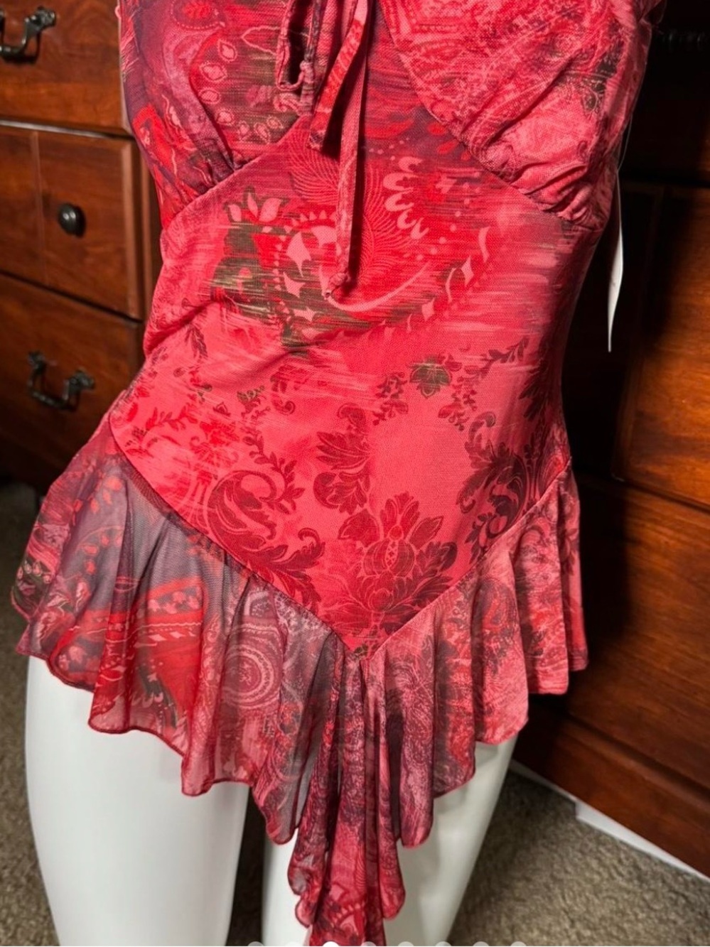 Rebellion Red Paisley & Floral Ruffled Camisole